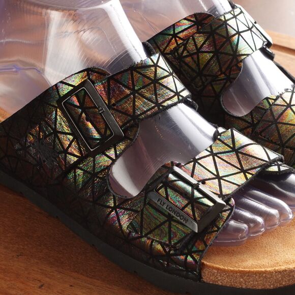 Fly London Sandals Womens SZ EU 40 US 9-9.5 BLK Iridescent Leather Slide Shoes - Picture 5 of 14